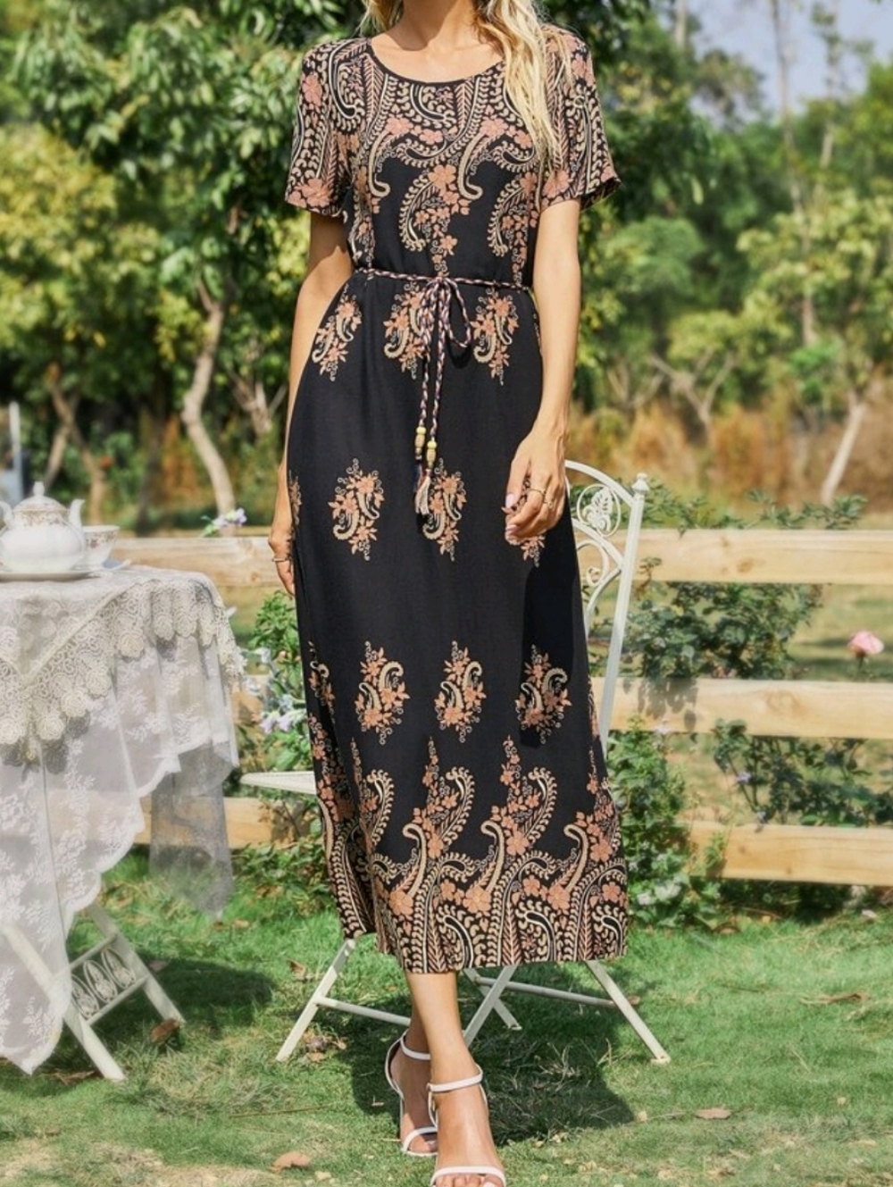Bohemian Black Paisley Print Midi Dress